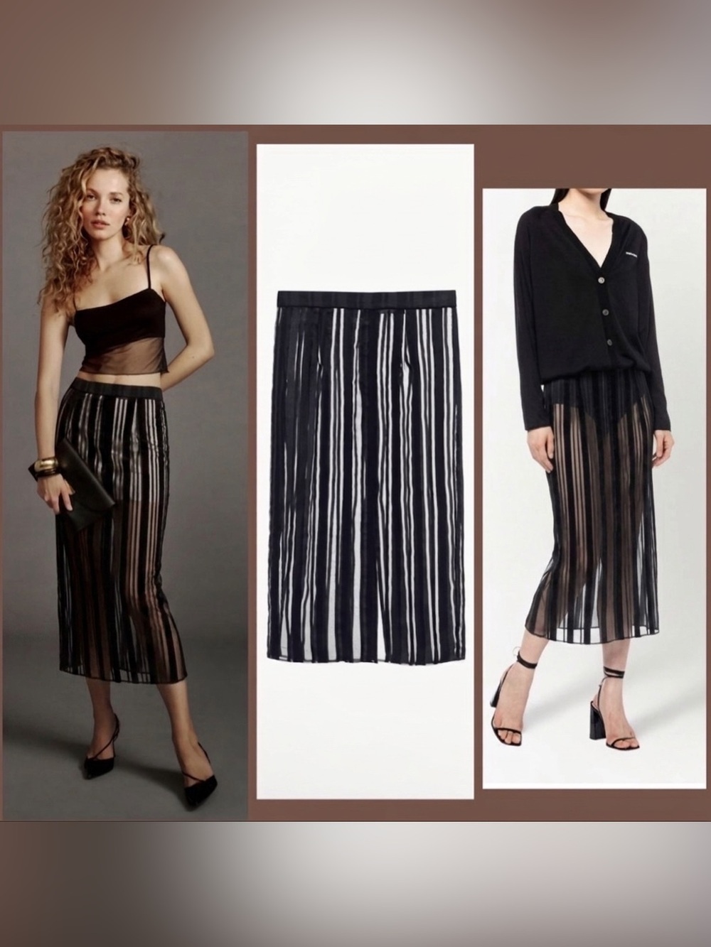 ZARA Black Sheer Stripe Pencil Midi Skirt